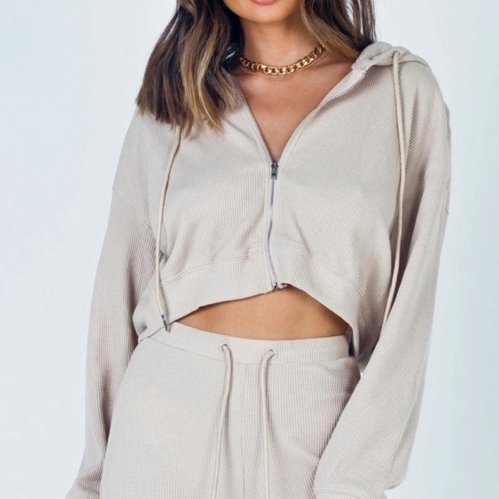 Waffle Knit Cropped Zip Hoodie - Beige